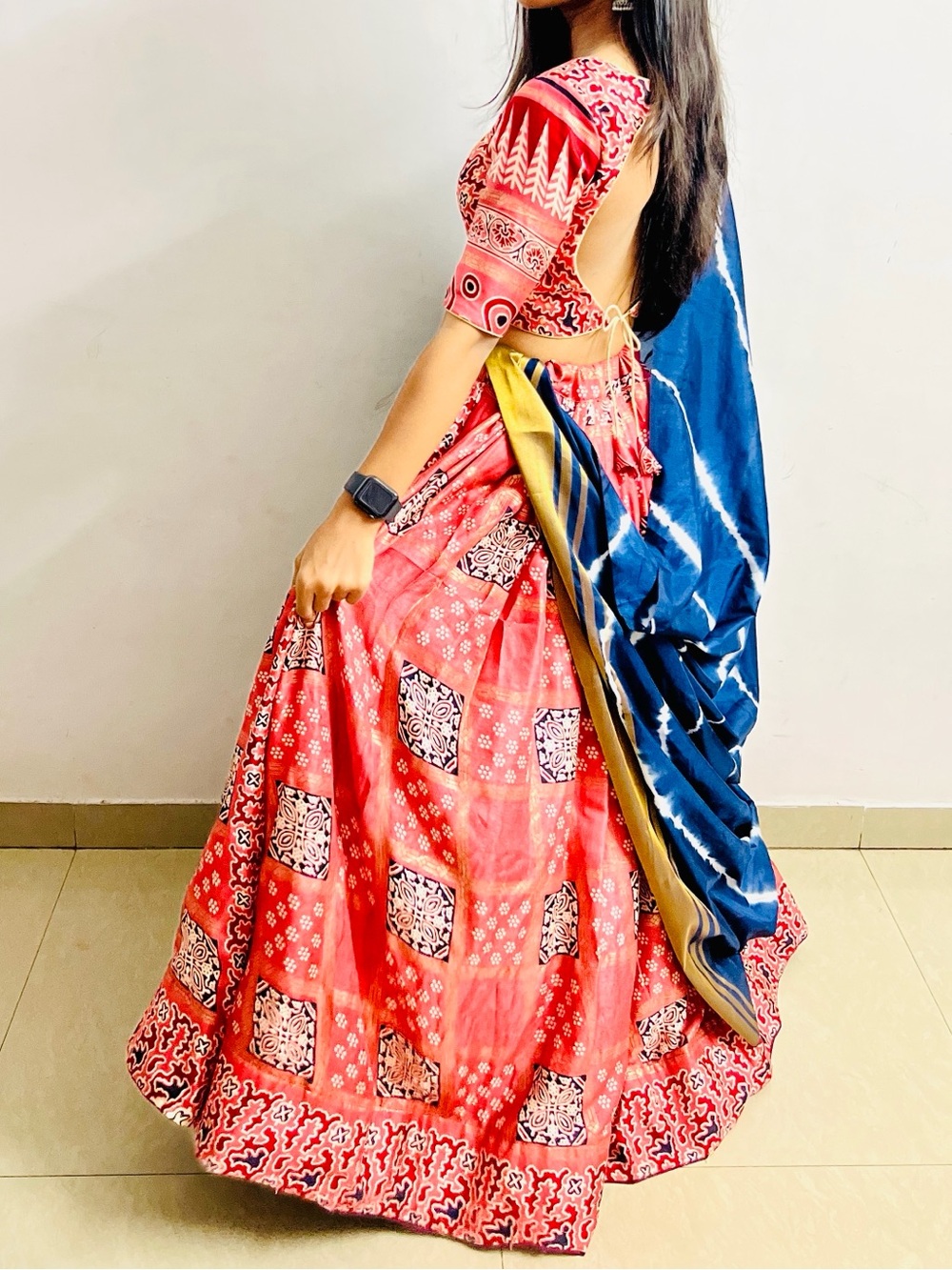 Women’s Printed Flared Skirt with Blue Drape - Red